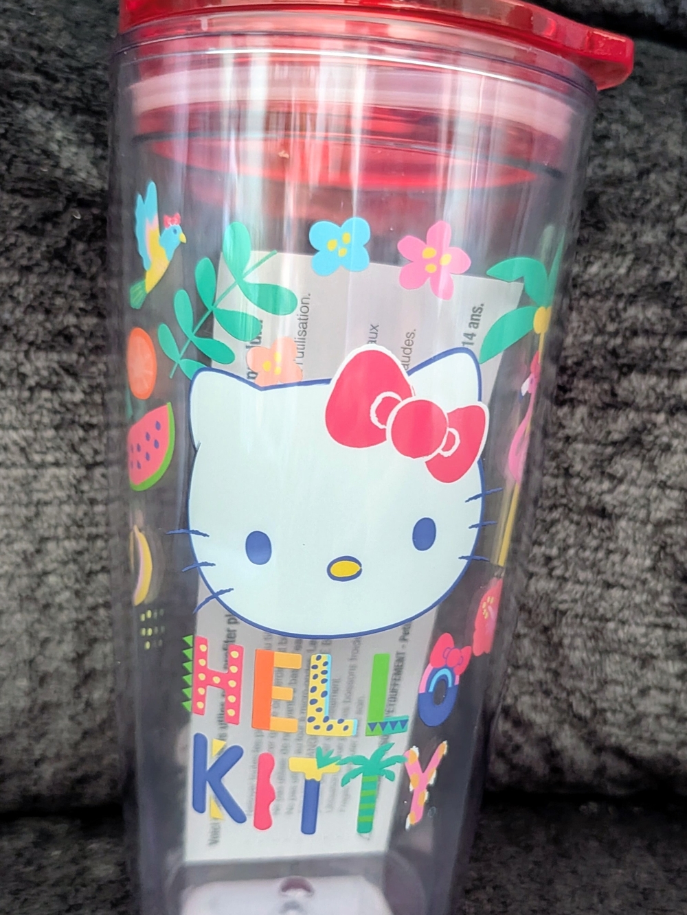 Hello Kitty Clear Tumbler with Red Lid and Colorful Floral Accents